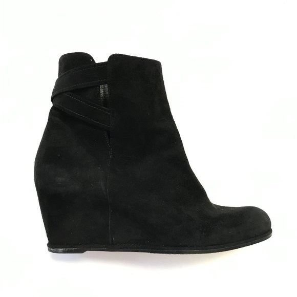 Stuart Weitzman Wedge Ankle Booties Boots Womens 9 Black Suede Heels Criss Cross - Picture 1 of 12
